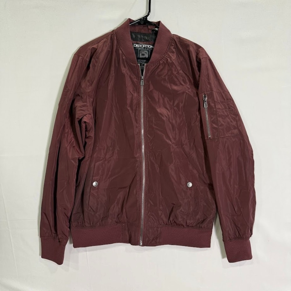 Distortion Bomber Jacket Men's L Maroon Zip Up‎ Lightweight Casual